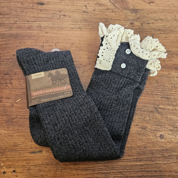 Bit & Bridle Accessories - Bit And Bridle Gray Knee High Socks with Crochet Lace Trim Detail Boot Socks